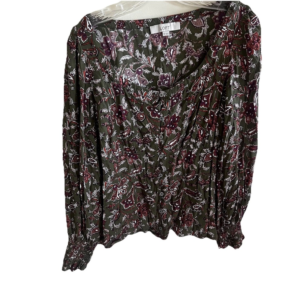 Loft Ann Taylor‎ Paisley Milkmaid Crinkle Crepe Boho Long Sleeve Tie Ruffle M
